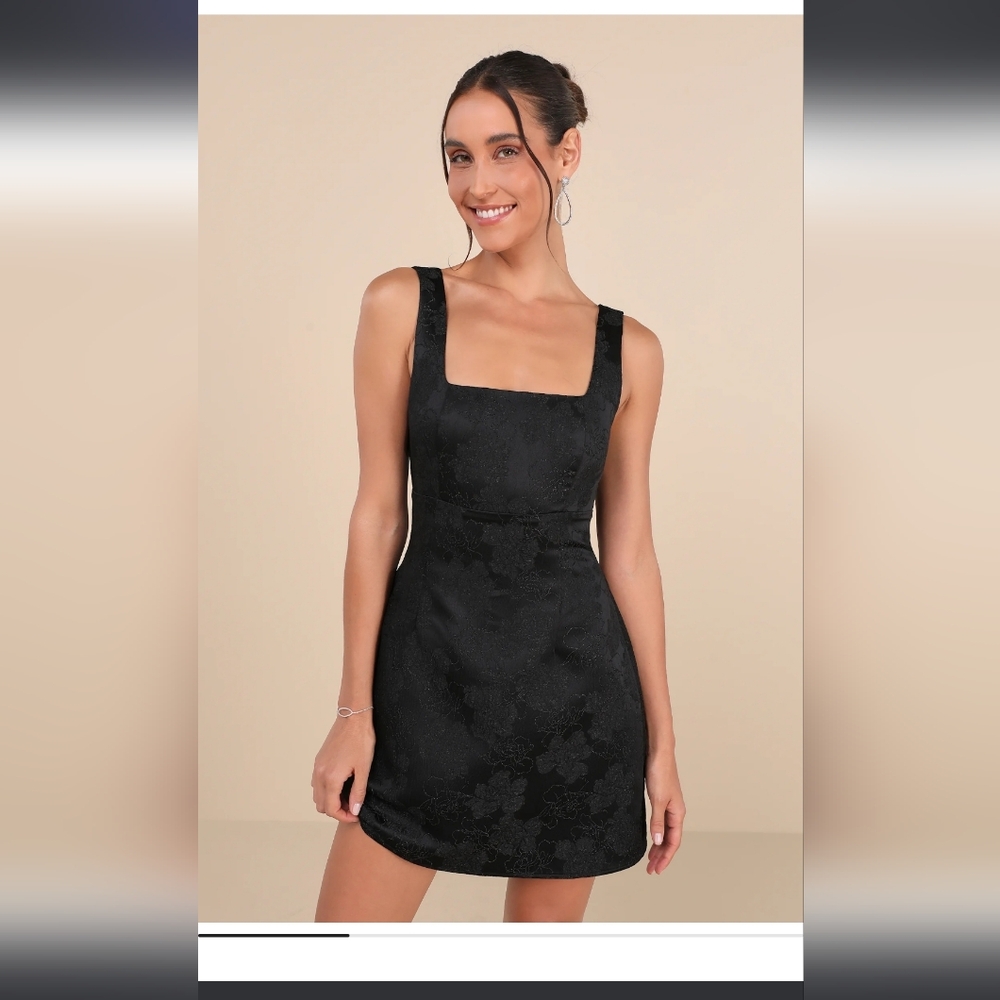 Lulu's Black Floral Jacquard Tie Back Mini Dress